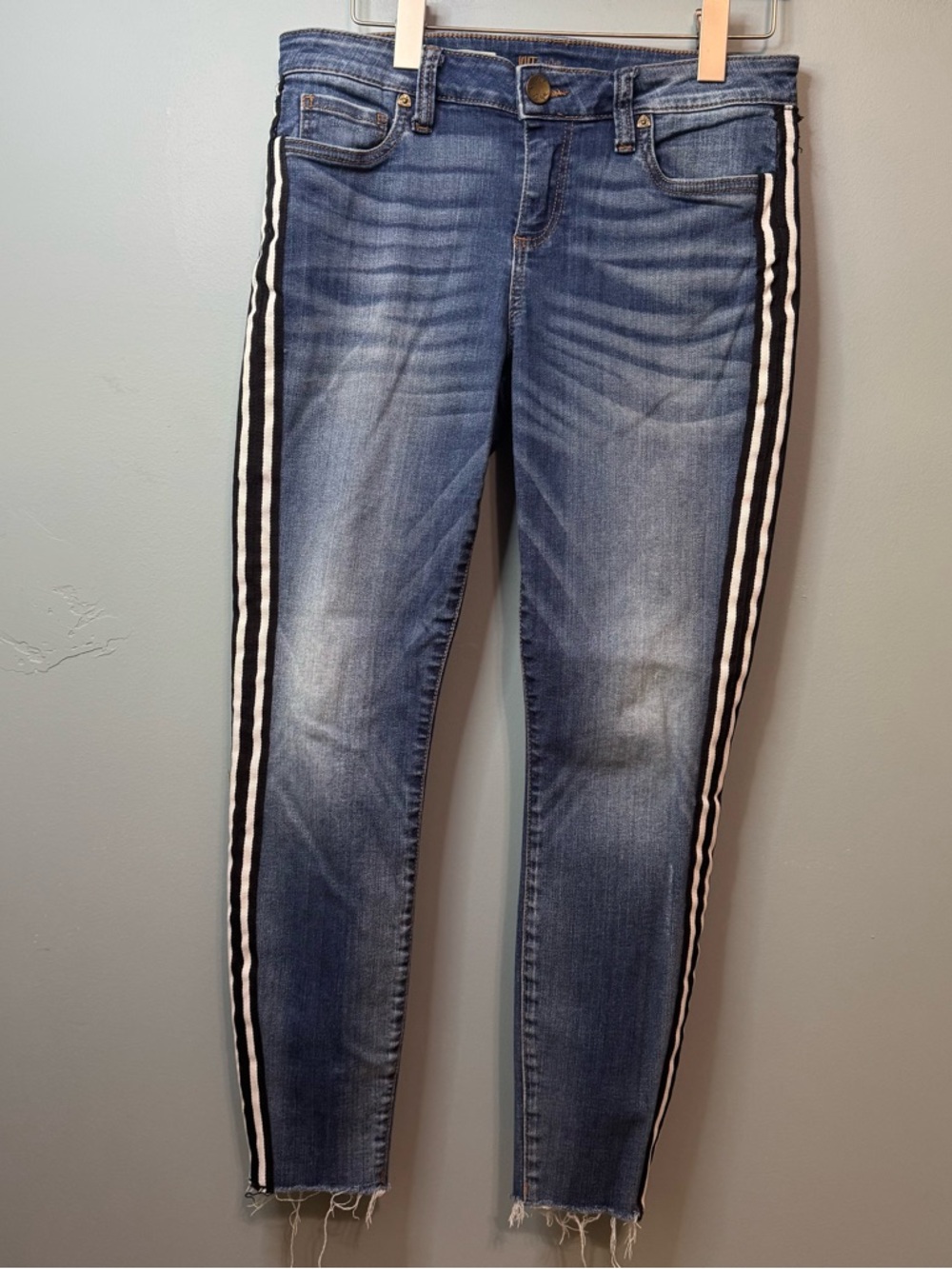 KUT from the Kloth Ankle Skinny Raw Hem Mid Rise Side Stripe Stretch Jeans. 8